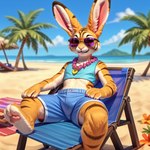 anthro beach bottomwear cart_(cartuniverse) cartuniverse clothing crop_top eyewear felid fur girly hybrid jewelry lagomorph leporid male mammal midriff necklace orange_body orange_fur palm_tree pantherine pawpads plant rabbit realistic_fur reclining seaside shirt shorts solo striped_body striped_fur stripes sunglasses tiger topwear tree tropical