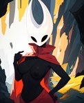 abstract_background breasts cave exposed_breasts female female/female prompt red_cloak solo stable_diffusion alcholoicidiot hornet_(hollow_knight) arthropod high_contrast