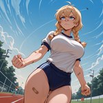 aircraft airplane anthro band-aid bandage barefoot biped blue_eyes bottomwear breasts clothing feet female fist gym_bottomwear gym_clothing gym_shorts raised_arm raised_fist shorts track_and_field tracksuit anonymous_director invoke_high fish human mammal marine shark hi_res