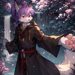 1:1 anthro canid canine clothing colorful detailed_background flower fox fur hair hi_res male mammal painting_(artwork) plant ponytail portrait purple_body purple_eyes purple_fur purple_hair solo traditional_media_(artwork) tsukimisen wallpaper waterfall