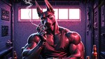 anthro bedroom_eyes biceps black_nose cigarette clothing ear_piercing ear_ring garage gloves handwear licking licking_lips looking_at_viewer male muscular muscular_anthro muscular_male narrowed_eyes open_mouth pecs piercing pink_eyes pink_light ring_piercing seductive shirt smoking solo tank_top teasing tongue tongue_out topwear veiny_biceps veiny_muscles vlrgromns anubis billy_herrington canid canine canis deity jackal mammal hi_res