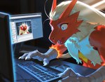 blonde_hair blood bodily_fluids hair keyboard looking_at_monitor nosebleed shocked_expression solo redstallion_(director) blaziken generation_3_pokemon pokemon_(species)