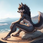 anthro beach black_hair breasts canid canine canis female fur grey_body grey_fur hair mammal multicolored_body multicolored_fur neutron_alchemist nude rock sea seaside sitting small_breasts solo two_tone_body two_tone_fur two_tone_tail water white_body white_fur wolf yellow_eyes