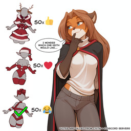 <3 anthro antlers blue_eyes breasts brown_body brown_fur brown_hair cape christmas christmas_clothing christmas_headwear cloak clothed clothing dialogue female fingers fur gloves hair handwear hat headgear headwear holidays horn legwear plant simple_background smile solo text white_background anontk twokinds laura_(twokinds) capreoline cervid humanoid mammal reindeer english_text hi_res url