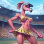 anthro bottomwear breasts clothed clothing female no_underwear skirt solo under_boob jfurryart605 brand_new_animal avian bird flamingo animated webm