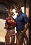 anthro belt blue_eyes bottomless bottomwear breasts brown_body brown_fur closed_smile clothed clothing duo female fur genitals hi_res jewelry kangaroo looking_at_another macropod male mammal marsupial navel necklace nipple_outline pants penis pussy shirt topwear wolf552906