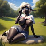 abigail anthro ariesai big_breasts bottomwear bovid breasts caprine clothing domestic_sheep eyewear female glasses hi_res hotpants mammal outdoors sheep shirt shorts solo t-shirt topwear