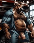 anthro balls belly big_balls big_penis bottomwear bovid_horn bovine_horn brown_body brown_fur car clothed clothing detailed_background detailed_fur flaccid fur genitals glans hair horn humanoid_genitalia humanoid_penis jumpsuit light looking_at_viewer male mechanic musclegut muscular muscular_male navel nipples nude open_clothing open_topwear overweight partially_clothed pecs penis presenting pubes realistic slightly_chubby smile solo spots spotted_body spotted_fur thick_arms thick_penis topwear vehicle notte bovid bovine cattle mammal absurd_res colorful detailed hi_res lighting portrait shaded soft_shading