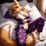 anthro bed bedroom breasts clothed clothing female fur furniture genitals inside lying nipples on_bed pajamas partially_clothed presenting pussy sleeping smile solo tuft white_body white_fur yellow_body yellow_fur nenvul canid canine digimon_(species) mammal renamon hi_res