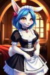 anthro blue_hair blush bow_ribbon clothing collar female fur hair looking_at_viewer maid_uniform smile solo uniform white_body yellow_eyes lagomorph leporid mammal rabbit