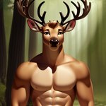 anthro antlers cervid forest fur horn male mammal muscular muscular_anthro muscular_male plant rack_(disambiguation) solo tan_body tan_fur tree ty