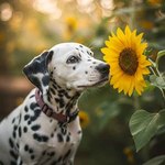 ambiguous_gender black_nose brown_eyes collar day feral flower fur multicolored_body multicolored_fur outside plant solo spots tree whiskers white_body white_fur cow_of_fire canid canine canis domestic_dog mammal 1:1