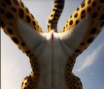 anthro black_spots cheetah countershading felid feline female fur genitals low-angle_view lurktime_(director) mammal pussy solo spots spotted_body spotted_fur white_body white_countershading yellow_body yellow_fur