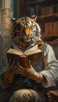 anthro book bracelet chain clothing column jewelry library male orange_eyes shirt solo topwear vest bahufaru chizan_(bahufaru) felid mammal pantherine tiger hi_res