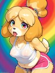 anthro belly bodily_fluids bottomwear breath clothing curvy_figure dolphin_shorts fat_rolls female floppy_ears fur multicolored_eyes navel panting psychedelic rainbow shirt shorts slightly_chubby solo squish sweat tail tank_top thick_thighs tongue tongue_out topwear voluptuous yellow_body sherlock_hound_(director) animal_crossing nintendo isabelle_(animal_crossing) canid canine canis domestic_dog mammal shih_tzu toy_dog detailed hi_res shaded soft_shading