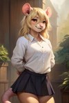 anthro blonde_hair bottomwear brown_eyes clothing female fur grey_bottomwear grey_clothing grey_skirt hair pink_nose skirt smile solo tan_body tan_fur white_blouse mindry larissa_(mindry) mammal murid murine rat rodent