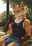 anthro athletic athletic_male bottomwear bulge cheek_tuft chest_tuft clothed clothing cutoffs day denim denim_clothing facial_tuft fur green_eyes hand_in_pocket holding_object holding_phone leaning leaning_back light looking_at_object looking_at_phone male multicolored_body neck_tuft orange_body orange_fur outside park park_bench phone plant pockets shirt shorts sitting sitting_on_bench solo sunlight tank_top topwear tree tuft two_tone_body white_body ratori canid canine fox mammal hi_res