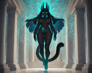 >:3 abs anthro aura balls black_body black_fur blue_nipples breasts floating front_view fur genitals gynomorph hair intersex long_ears long_hair nipples penis solo temple latentspaceman hi_res
