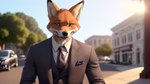 absurd_res anthro bumblebee95 canid canine clothing detailed_background fox hi_res looking_away male mammal necktie realistic solo suit