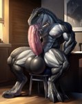 agreenfish anthro autofellatio balls big_balls big_claws big_muscles big_pecs big_penis black_body bodily_fluids claws cum cum_in_mouth cum_in_own_mouth cum_in_self cum_inside cum_on_self dinosaur genital_fluids genitals hi_res huge_balls huge_penis hyper hyper_genitalia hyper_penis inside male masturbation muscular oral oral_masturbation pecs penile penile_masturbation penis reptile scales scalie scutes solo toe_claws yellow_eyes