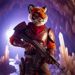 anthro armor black_stripes cave clothed clothing crystal crystal_cave fur gun male orange_body orange_fur ranged_weapon rifle solo striped_body striped_fur stripes weapon white_body white_fur omgechounknown felid feline mammal pantherine tiger