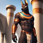 abs anthro balls big_balls bottomwear bulge clothing genital_outline genitals glowing glowing_eyes jewelry loincloth male muscular muscular_anthro muscular_male navel nipples pecs penis_outline solo anubis anubian_jackal canid canine canis deity jackal mammal mythological_canine hi_res