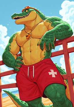 abs anthro beach biceps claws clothed clothing dutch_angle fence green_body green_scales hand_on_hip leaning lifeguard looking_away low-angle_view male multicolored_body multicolored_scales muscular muscular_male navel open_mouth open_smile pecs pupils scales sea seaside sharp_teeth slit_pupils smile solo standing swimming_trunks swimwear teeth three-quarter_view topless two_tone_body two_tone_scales warm_smile water yellow_body yellow_scales yellow_sclera smelner11 league_of_legends riot_games tencent renekton_(lol) crocodile crocodilian crocodylid reptile scalie absurd_res hi_res portrait three-quarter_portrait