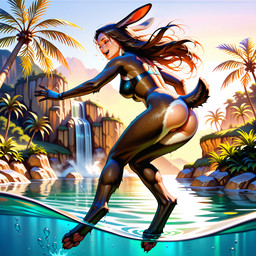 bikini black_body black_fur black_hair breasts brown_hair butt clothed clothing day detailed_background digitigrade eyes_closed feet female fur hair long_hair open_mouth outside palm_tree partially_submerged pawpads paws plant short_tail sky smile solo swimwear tail tree water waterfall wet crashbandit animal_humanoid humanoid lagomorph lagomorph_humanoid leporid leporid_humanoid mammal mammal_humanoid rabbit rabbit_humanoid comfyui_(software) nai-diffusion-furry-3_(model) prompt_metainfo wainsfwillustrious_(model)