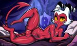 2_toes balls bed curvaceous curvy_figure fangs feet furniture genitals glistening glistening_body hair lying male navel nipples nude on_bed on_side penis red_body red_skin solo spade_tail text toes voluptuous white_hair yellow_eyes sergalbutt helluva_boss moxxie_(helluva_boss) demon imp signature url