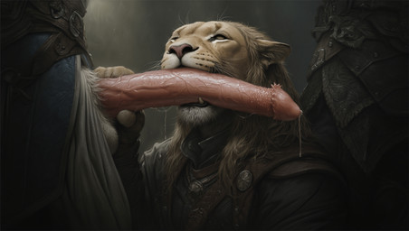 anthro balls big_penis bodily_fluids fellatio genital_fluids genitals group long_penis male male/male oral penile penis precum sex trio hyperion felid lion mammal pantherine hi_res