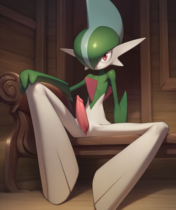 3_fingers anthro erection fingers genitals green_body inside male penis red_eyes sitting smile solo white_body lightning7 nintendo pokemon gallade generation_4_pokemon pokemon_(species) absurd_res full-length_portrait hi_res portrait