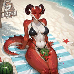 anthro beach beach_towel belly_scales black_clothing clothing dragon_tail dragoness female food fruit horn looking_at_viewer melon mythology outside plant pupils red_eyes red_sclera sand scales sea seaside sharp_teeth sitting slit_pupils solo teeth thick_thighs towel water watermelon rizzenwolf_(director) aegis_(rizzenwolf) asterozoan dragon echinoderm marine mythological_creature mythological_scalie scalie starfish western_dragon director_name hi_res watermark