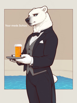 5_fingers anthro black_claws black_nose blue_eyes cheek_tuft clawed_hands claws clothing dress_shirt eyelashes facial_tuft female female_anthro fingers fur hallucination inner_ear_fluff meditation neck_tuft necktie out_of_frame platter pool poolside shirt short_tail solo suit suit_jacket topwear tuft whisker_spots white_body white_fur knotanotherfurry mammal polar_bear ursid ursine absurd_res hi_res