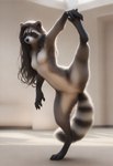 anthro brown_body brown_fur brown_hair dancing digitigrade eyes_closed female flexible foot_grab fur hair inside light long_hair nude raised_leg smile solo sunlight tasteful_nudity director_crashbandit felid hybrid mammal procyonid raccoon hi_res novelai