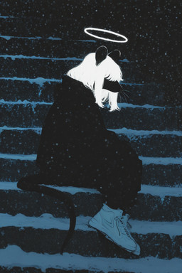 ambiguous_gender anthro black_body black_fur clothed clothing footwear fur glowing glowing_hair hair halo looking_at_viewer male male/ambiguous night shoes side_view sitting snow snowing solo stairs tail whiskers white_hair kbi humanoid mammal murid murine rat rodent 2025 digital_media_(artwork)