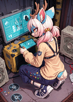 anthro badge baggy_pants bangs bell blue_body blue_fur clothing computer crate crouching detailed_background dock eyelashes female fluffy footwear fur hair harness high-angle_view outline pink_hair shoes sneakers socks solo tongue tongue_out twintails_(hairstyle) wire holo_(director) cervid mammal absurd_res detailed full-length_portrait hi_res portrait