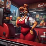 anthro apple_pie bangs belly_overhang beverage big_breasts blue_eyes breasts brown_body brown_fur brown_hair city cityscape cleavage clothed clothing dakka dessert diner eyewear female food fur glasses hair hair_bun hand_on_hip hi_res huge_breasts kitchen looking_aside mammal monotreme pie platypus poster restaurant slightly_chubby smile soda solo standing thick_tail uniform waitress