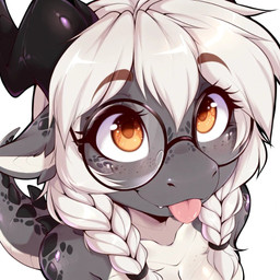 anthro black_body black_scales blep braided_hair breasts close-up cute_fangs female freckles grey_body grey_scales hair high-angle_view horn long_hair looking_up mythology non-mammal_breasts orange_eyes scales simple_background smile solo spots spotted_body tail tongue tongue_out white_background white_body white_hair white_scales kayda_hematite kayda_(kayda_hematite) dragon mythological_creature mythological_scalie scalie portrait