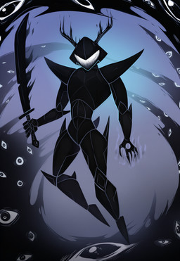 abstract_background ambiguous_gender antlers armor aura floating headgear helmet hole_(anatomy) horn magical_aura melee_weapon shadow shoulder_armor solo spiral_background sword weapon yasuhikonsfw deltarune undertale_(series) roaring_knight_(deltarune) ambiguous_species humanoid hi_res