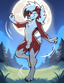 animal_genitalia anthro balls dancing floppy_ears forest fully_sheathed genitals grass light light_beam looking_at_viewer male moon moonbeam moonlight motion_lines night one_eye_closed open_mouth outside plant red_eyes sheath sky solo star teeth tree wink winking_at_viewer anotherarcticfox nintendo pokemon generation_7_pokemon lycanroc midnight_lycanroc pokemon_(species) absurd_res hi_res