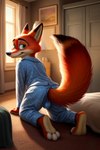 angry_puppy anthro bedroom bent_over bulge canid canine clothing disney fox green_eyes looking_at_viewer male mammal nick_wilde on_knees pajamas raised_tail smile smiling_at_viewer solo zootopia