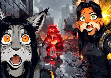 anthro chest_armor city_destruction clothing cybernetics female fire fur gaming gloves glowing glowing_body glowing_eyes green_eyes group handwear inner_ear_fluff looking_at_viewer machine orange_eyes prick_ears red_eyes rubble spots spotted_body spotted_fur surprise teeth tongue trio tuft anonymous_director helldivers invoke_high cyborg felid feline lynx mammal rodent hi_res meme
