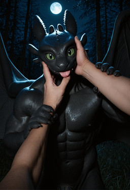 5_fingers abs anthro arm_grab barely_visible_genitalia barely_visible_penis black_body black_claws black_nipples black_scales black_wings blep caressing_face claws duo fangs fingers forest genitals glistening glistening_body glistening_scales grass green_sclera human_pov looking_at_viewer male male/male membrane_(anatomy) membranous_wings moon muscular muscular_male mythology night nipples pecs penis penis_base plant pov_hands pupils scales slit_pupils smile teeth tongue tongue_out touching_face tree wings anonymous_director dreamworks how_to_train_your_dragon toothless dragon fury_(httyd) human mammal mythological_creature mythological_scalie night_fury scalie western_dragon absurd_res hi_res