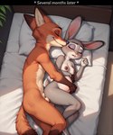 absurd_res anthro attempted_signature bed blush canid canine druge duo eyes_closed female fox furniture hi_res judy_hopps lagomorph leporid male male/female mammal nick_wilde nude pregnant pregnant_female rabbit sleeping spooning zootopia