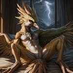 absurd_res ambiguous_gender anthro avian beak bed bird birdlover crotch_tuft feathered_crest feathers furniture generation_1_pokemon genital_outline head_crest hi_res legendary_pokemon lightning looking_at_viewer lying on_back on_bed pokemon_(species) scuted_legs scutes solo spread_legs spreading storm storm_clouds tail_feathers tuft winged_arms wings zapdos