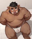 abs anthro areola arm_tuft armpit_hair barazoku beard bed bedroom belly biceps big_muscles biped black_eyebrows black_eyes black_hair blush bodily_fluids body_hair breasts chubby_anthro chubby_humanoid chubby_male clothed clothing crotch_tuft deltoids eyebrows facial_hair flaccid forearm_muscles fur furniture genitals hair hand_on_head horny looking_at_viewer looking_up_at_viewer lying male manly mature_anthro mature_humanoid mature_male monotone_body monotone_fur mouth_closed musclegut muscular muscular_anthro muscular_arms muscular_humanoid muscular_legs muscular_male navel obliques on_back overweight overweight_anthro overweight_humanoid overweight_male pecs penis pig_nose quads serratus sitting slightly_chubby smile solo spread_legs spreading sweat sweaty_body teeth teeth_showing topless topless_anthro topless_male triceps tuft under_boob underwear bigbowser24 domestic_pig humanoid mammal suid suina sus_(pig) 2025 colored hi_res signature