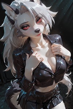 anthro black_bottomwear black_clothing black_jacket black_skirt black_topwear bottomwear clothing dark_studio direct_light female fur grey_body grey_fur jacket skirt solo standing topwear white_body white_fur anthroai hellaverse helluva_boss loona_(helluva_boss) canid canine mammal hi_res