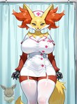 anthro clothing female legwear nurse_clothing nurse_uniform solo stockings uniform eevee_ai_arts nintendo pokemon canid canine delphox fox generation_6_pokemon mammal pokemon_(species)