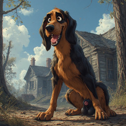 anatomically_correct anatomically_correct_genitalia anatomically_correct_penis balls black_body black_fur branch brown_body brown_fur building feral forest forest_background fur genitals house light male nature nature_background outside penis penis_tip plant smile solo sunlight tree tree_outside tree_trunk whatshisnuts bloodhound canid canine canis domestic_dog hunting_dog mammal scent_hound