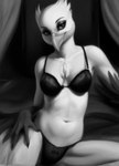 absurd_res anthro avian beak bed bedroom_eyes bird black_and_white bra breasts cleavage clothed clothing curtains eyebrows eyelashes feathers female furniture hand_on_leg hand_on_thigh hi_res inside looking_at_viewer makeup mascara monochrome narrowed_eyes navel non-mammal_breasts on_bed panties partially_clothed raised_eyebrows seductive shuffur sitting sitting_on_bed skimpy smile smiling_at_viewer smirk smirking_at_viewer solo tuft underwear underwear_only white_body white_feathers